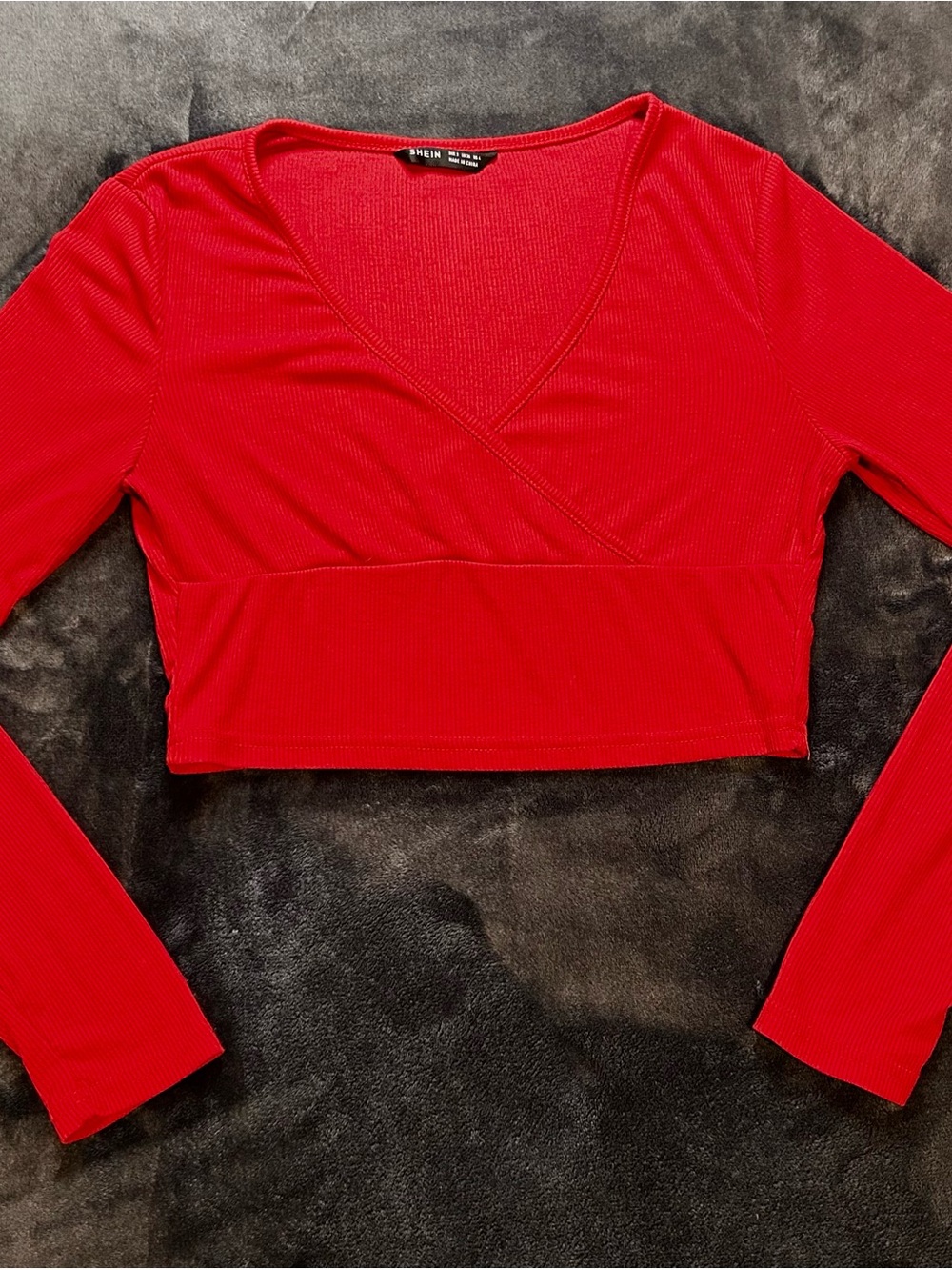 SHEIN Red Ribbed Wrap-Front Long Sleeve Crop Top